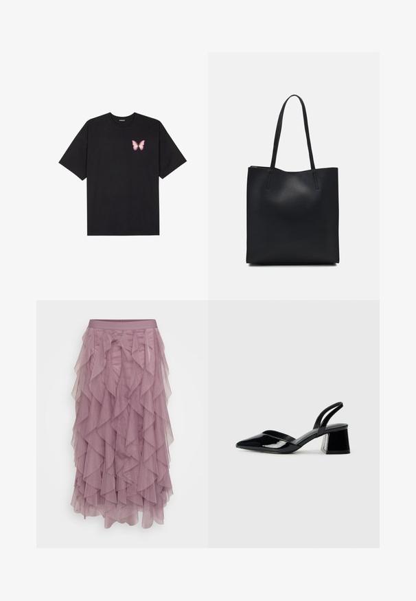 Black cotton t-shirt with short sleeves, featuring a small pink butterfly graphic on the left chest. Crew neck design with a relaxed fit.; Layered tulle skirt in soft mauve, featuring multiple ruffles, a smooth waistband, and a semi-sheer texture. Midi-length design.; Black patent leather slingback heels with a pointed toe and a geometric block heel. Features a sleek, minimal design and smooth texture.; Black leather tote bag with smooth texture, rectangular shape, and two long handles. No visible hardware or embellishments.