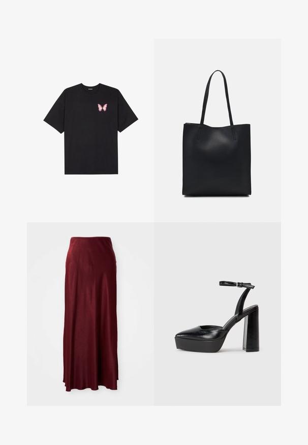 Black cotton t-shirt with short sleeves, featuring a small pink butterfly graphic on the left chest. Crew neck design with a relaxed fit.; Burgundy, long maxi skirt made of smooth, lightweight material with a slight sheen. Features a fitted waistband and flowing design.; Black platform heels with a pointed toe and adjustable ankle strap. Constructed from smooth leather, featuring a chunky block heel.; Black leather tote bag with smooth texture, rectangular shape, and two long handles. No visible hardware or embellishments.
