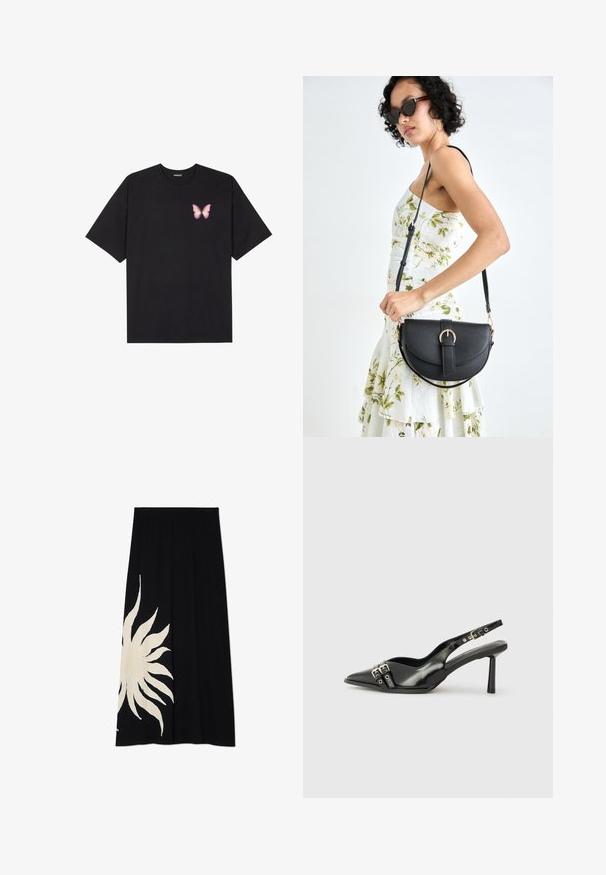 Schwarzes Baumwoll-T-Shirt mit kurzen Ärmeln, das ein kleines pinkes Schmetterlingsmotiv auf der linken Brust zeigt. Crewneck-Design mit einem entspannten Schnitt.; Schwarzer Rock mit einem großen weißen Sonnenmotiv auf einer Seite, weiche Textur und fließende Form, geeignet für legere Anlässe.; Schwarzer Lackleder Slingback-Schuh mit spitzem Zehenbereich, Knöchelriemen mit silbernen Schnallen und Beschlägen sowie einem schlanken Absatz.; Schwarze Lederhandtasche mit geschwungener Form, abnehmbarem Tragegurt und goldenen Beschlägen. Die Tasche verfügt über einen Deckel mit einer Schnallen-Details.; Goldfarbener Ring mit einem organischen, gedrehten Design, glatter Oberfläche und sich verjüngenden Enden, was ein modernes, skulpturales Erscheinungsbild erzeugt.
