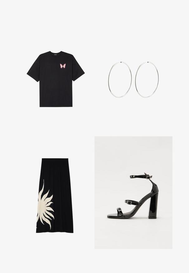 Musta puuvillapaita lyhyillä hihoilla, jossa on pieni vaaleanpunainen perhosgrafiikka vasemmassa rinnassa. Pyöreä kaula-aukko ja rento istuvuus.; Mustassa hameessa on suuri valkoinen auringon kuvio yhdellä puolella, pehmeä koostumus ja ilmava muoto, sopii arkikäyttöön.; Musta kiiltäväpintainen korkokengät, joissa on kaksi solkikiinnitystä, neliönmuotoinen kärki ja paksu korko, sileällä, kiiltävällä pintarakenteella.; Hope hopeita hopeita, joissa on sileä, pyöreä muoto ja kiiltävä pinta. Ne ovat ohuita ja kevyitä, ja niissä on yksinkertainen lukitus.