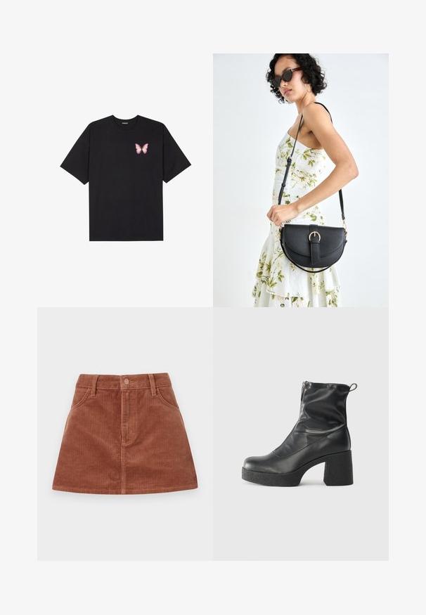T-shirt de algodão preto com mangas curtas, apresentando um pequeno gráfico de borboleta rosa no lado esquerdo do peito. Design de gola redonda com um corte solto.; Saias mini de veludo cotelê castanho com textura ribada vertical, bolsos frontais, fecho de botão e corte reto.; Botas de tornozelo pretas feitas de couro liso, com fecho lateral, salto grosso texturizado e design de bico arredondado.; Bolsa de couro preta com forma curva, alça destacável e detalhes em dourado. A bolsa possui uma aba com detalhe de fivela.