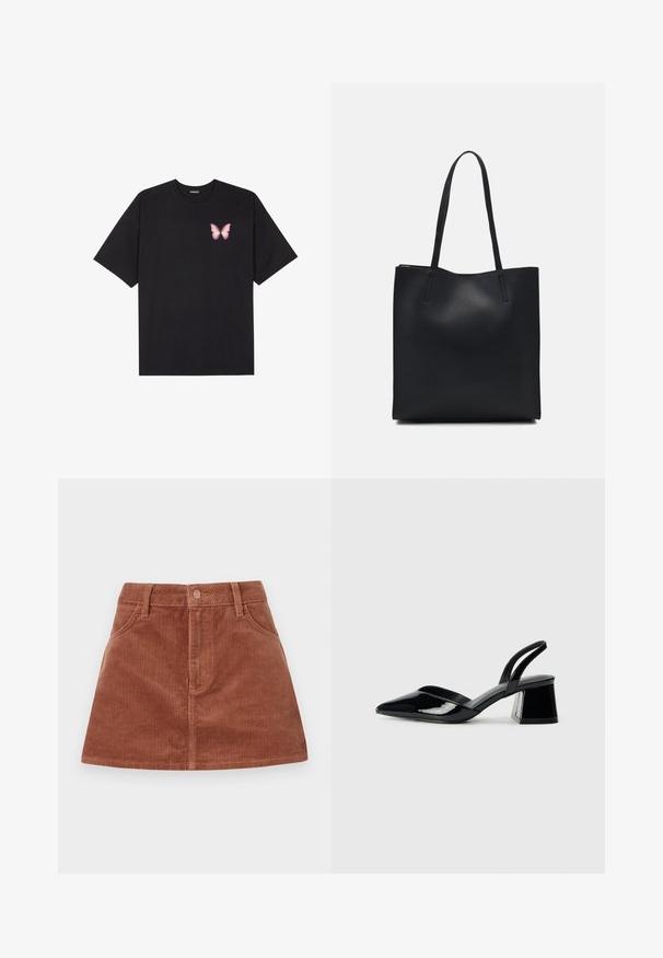 Svart bomulls T-skjorte med korte ermer, med en liten rosa sommerfugl grafikk på venstre bryst. Crew-neck design med en avslappet passform.; Brun kordfløyels mini skjørt med vertikal ribbete tekstur, frontlommer, knappelukking og rett snitt.; Svarte patentlær slingback hæler med spiss tå og geometrisk blokk hæl. Har et stilrent, minimalistisk design og jevn tekstur.; Svart lær tote bag med glatt tekstur, rektangulær form og to lange håndtak. Ingen synlige deler eller dekorasjoner.