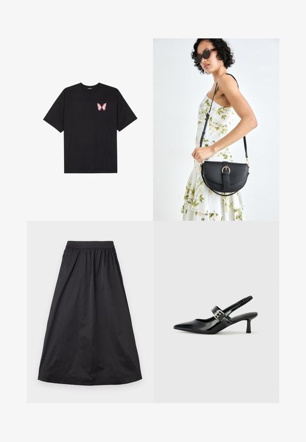 T-shirt en coton noir à manches courtes, avec un petit graphique de papillon rose sur la poitrine gauche. Modèle à col rond avec une coupe décontractée.; Jupe maxi noire en tissu lisse ; dotée d'une taille froncée, d'une silhouette fluides et d'un ourlet droit sans embellissements supplémentaires.; Escarpins slingback en cuir verni noir avec un bout pointu et un petit talon bloc, mettant en avant un accent en boucle argentée sur la sangle.; Sac à main en cuir noir avec une forme courbée, bandoulière amovible et des accessoires en or. Le sac est doté d'un rabat avec un détail de boucle.