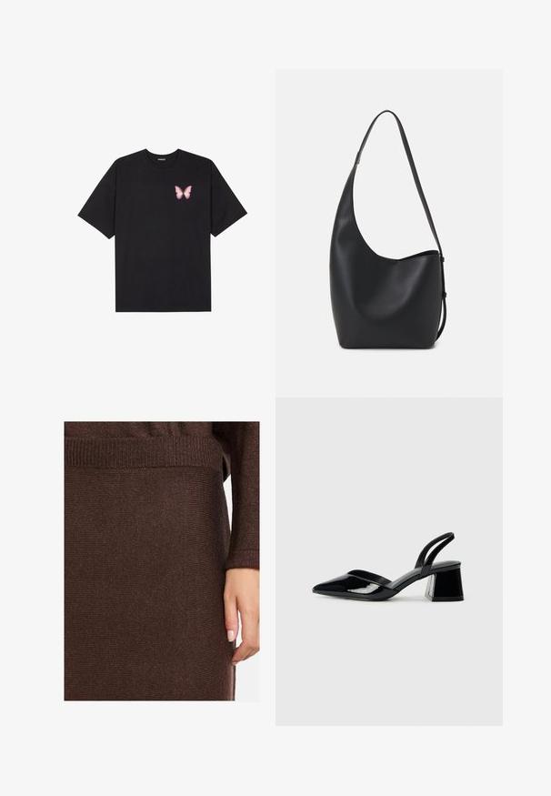 Černé bavlněné tričko s krátkým rukávem, na levém prsou s malou grafikou růžové motýlky. Design s kruhovým výstřihem a volným střihem.; Tmavě hnědý pletený svetr s ribovanými manžetami a lemem, který má jemný lesk. Materiál vypadá měkký a texturovaný. Je vidět jedna ruka.; Černé lakované kožené lodičky na pásku s špičatou špičkou a geometrickým blokovým podpatkem. Vyznačují se elegantním, minimalistickým designem a hladkým povrchem.; Černá kožená hobo taška s hladkým povrchem, zakřiveným tvarem a jedním nastavitelným popruhem; má široké otevírání nahoře.