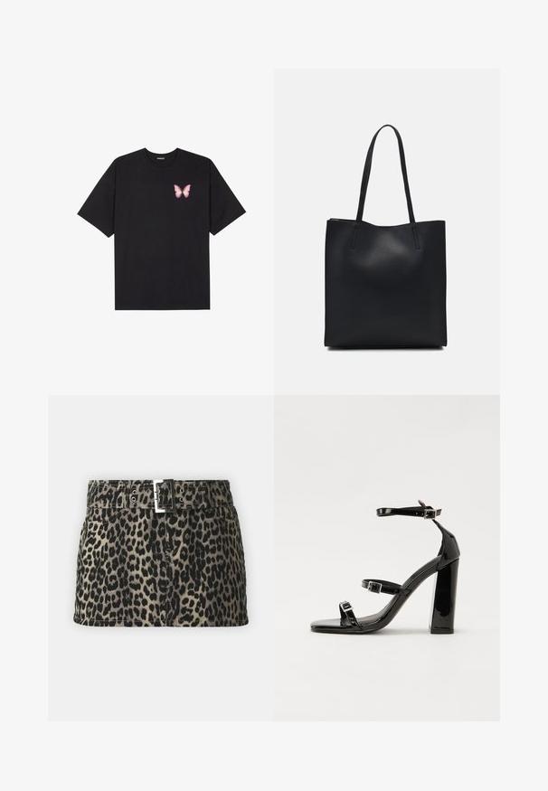Čierne bavlnené tričko s krátkymi rukávmi, s malým ružovým motýlikom na ľavej hrudi. Design s okrúhlym výstrihom a uvoľneným strihom.; Džínová sukňa s leopardím vzorom a pásom s prackou, ktorá má striebornú pracku, predné vrecká a rovný lem.; Čierne lakované sandále na podpätku so štvorcovou špičkou, navlečenými remienkami okolo členku a striebornými prackami. Disponujú masívnym blokovým podpätkom pre stabilitu.; Čierna kožená taška na rameno s hladkým povrchom, obdĺžnikovým tvarom a dvoma dlhými uchami. Bez viditeľného kovania alebo ozdôb.