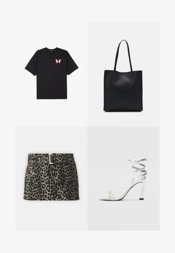 Crna pamučna majica s kratkim rukavima, s malim grafičkim prikazom ružičaste vjetricaste s desne strane na prsima. Dizajn s okruglim izrezom i opuštenim krojem.; Traper suknja leopard uzorka s pojasom, osigurana srebrnom kopčom, prednjim džepovima i ravnim rubom.; Srebrna sandala na visokoj potpetici s sjajnim dizajnom trake, s akcentom nalik biseru i spiralnom trakicom za gležanj radi sigurnog držanja.; Crna kožna torba za nošenje s glatkom teksturom, pravokutnim oblikom i dvije duge ručke. Nema vidljivih metalnih dijelova ili ukrasa.