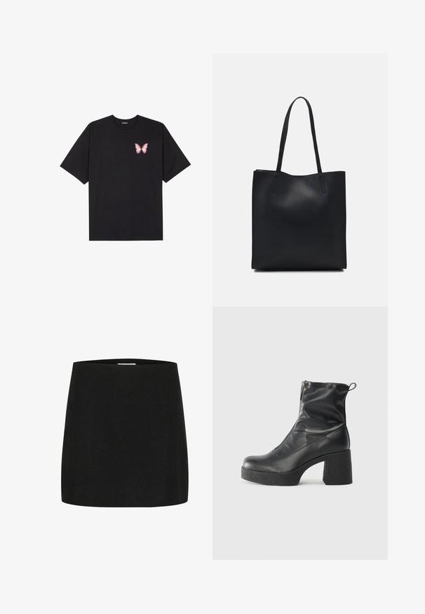Čierne bavlnené tričko s krátkymi rukávmi, s malým ružovým motýlikom na ľavej hrudi. Design s okrúhlym výstrihom a uvoľneným strihom.; Čierna mini sukňa vyrobená z textúrovanej látky, s jednoduchým, rovnými strihom, bez viditeľných ozdôb alebo vzorov.; Čierne členkové topánky z hladkej kože, so bočným zipsom, robustnou textúrovanou pätnou časťou a zaobleným dizajnom špičky.; Čierna kožená taška na rameno s hladkým povrchom, obdĺžnikovým tvarom a dvoma dlhými uchami. Bez viditeľného kovania alebo ozdôb.