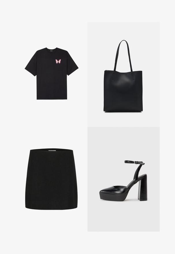 Zwarte katoenen t-shirt met korte mouwen, voorzien van een kleine roze vlinder graphic op de linkerkant van de borst. Crew neck ontwerp met een relaxte fit.; Zwarte minirok van gestructureerde stof, met een eenvoudige, rechte snit en zonder zichtbare versieringen of patronen.; Zwarte plateauhakken met een puntige neus en verstelbare enkelband. Gemaakt van soepel leer, met een robuuste blokhak.; Zwarte leren handtas met een gladde textuur, rechthoekige vorm en twee lange handvaten. Geen zichtbare hardware of versieringen.