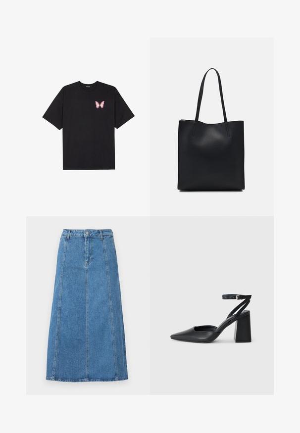 Crna pamučna majica s kratkim rukavima, s malim grafičkim prikazom ružičaste vjetricaste s desne strane na prsima. Dizajn s okruglim izrezom i opuštenim krojem.; Denim midi suknja svijetlo plave boje, ravnog kroja, s prednjim zatvaranjem na dugmad, petu petlju za remen i dva bočna džepa.; Crne kožne cipele s špicastim vrhom, remenom oko gležnja i debelim potplatom. Ravna tekstura, elegantan dizajn i minimalistička estetika.; Crna kožna torba za nošenje s glatkom teksturom, pravokutnim oblikom i dvije duge ručke. Nema vidljivih metalnih dijelova ili ukrasa.