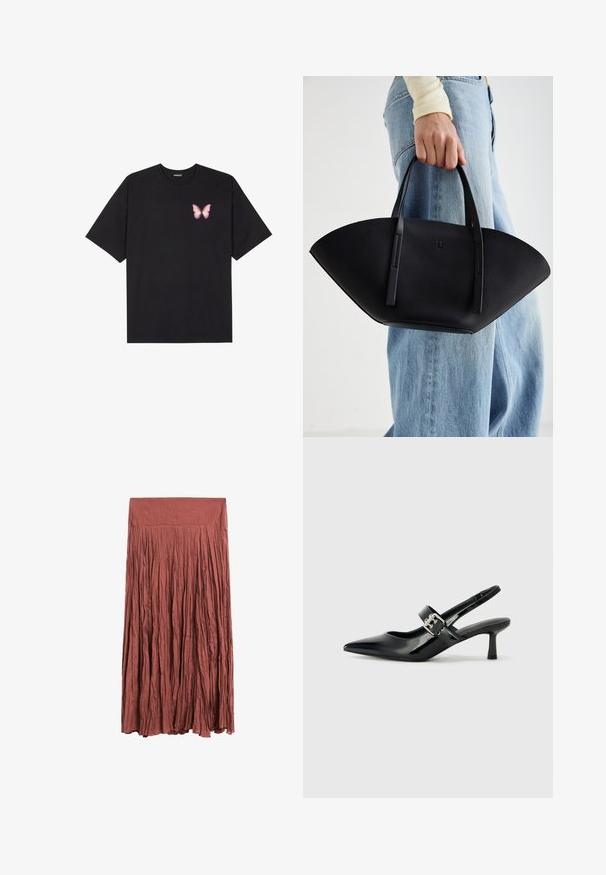 Czarny bawełniany t-shirt z krótkim rękawem, z małym różowym motylkiem na lewej piersi. Klasyczny dekolt z luźnym fasonem.; Rdzawobrunatna, długa, plisowana spódnica z lekkiego materiału. Posiada gładki pas w talii i pionową teksturę na całej powierzchni.; Czarne lakierowane szpilki slingback z wąskim noskiem i małym słupkiem, z ozdobnym srebrnym klamrą na pasku.; Czarna skórzana torebka w unikalnym kształcie wachlarza, z płaskimi uchwytami. Powierzchnia ma fakturę kamyków i minimalistyczny design.