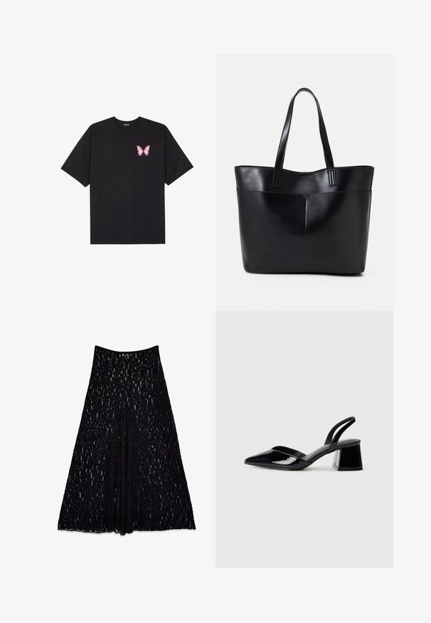 Juodas medvilnės marškinėliai trumpomis rankovėmis, su maža rožine drugelio grafika kairėje krūtinės pusėje. Apvalus kaklo iškirpimas, laisvas kirpimas.; Juodas nėrinių sijonas su platėjančia siluetu, turintis tekstūruotą raštą ir lygų juosmenį, iki kelių ilgio su pamušalu.; Juodos lakuotos odinės šlepetės su smailiu pirštu ir geometriniu bloko kulnu. Turi elegantišką, minimalistinį dizainą ir lygų paviršių.; Juoda odinė rankinė su dviem ilgais diržais, lygiu paviršiumi ir struktūrizuota forma. Yra priekinė kišenė papildomam saugojimui.