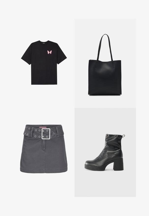 Melna kokvilnas T-krekls ar īsām piedurknēm, kuram priekšā kreisajā pusē ir neliels rozā tauriņa grafiskais attēls. Ar apaļu kaklu un brīvā stila piegriezumu.; Pelēks kokvilnas mini svārki ar plašu jostu, kas rotāta ar sudraba acīm un kvadrātveida metāla sprādzi, veidoti ar vienkāršu, taisnu siluetu.; Melni potītes zābaki, kas izgatavoti no gludas ādas, ar sānu rāvējslēdzēju, masīvu strukturētu papēdi un noapaļotu purngalu.; Melnas ādas somiņa ar gludu tekstūru, taisnstūra formu un divām garām rokturiem. Nav redzamu aparatūras vai rotājumu.