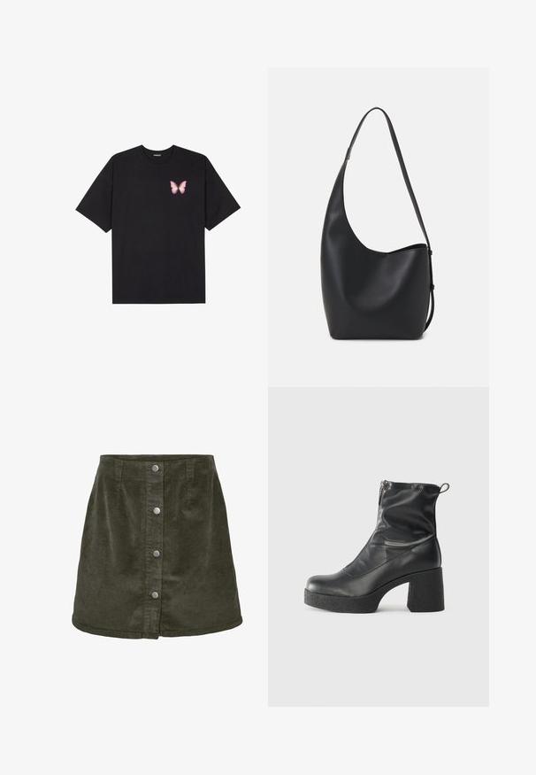 Juodas medvilnės marškinėliai trumpomis rankovėmis, su maža rožine drugelio grafika kairėje krūtinės pusėje. Apvalus kaklo iškirpimas, laisvas kirpimas.; Tamsiai žalia širdelės formos kordūro skraistė, su penkiais sidabro mygtukais priekyje ir vertikaliu raštu.; Juodos kulkšninių botai, pagaminti iš lygaus odos, su šoniniu užtrauktuku, masyviu tekstūruotu kulnu ir apvaliu pirštu.; Juodas odinis hobo maišas su lygiu paviršiumi, kreipta forma ir viena reguliuojama rankena; turi platų atidarymą viršuje.