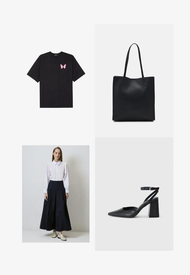 Tricou negru din bumbac cu mâneci scurte, având pe partea stângă a pieptului un mic grafic cu un fluture roz. Design cu guler rotund și croială lejeră.; Cămașă albă cu guler, cu închidere cu nasturi, asortată cu o fustă plisată albastră închisă. Purtați cu pantofi slip-on de culoare deschisă.; Pantofii cu toc ascuțit din piele neagră, cu breteaua pentru glezne și toc gros. Textură netedă, design elegant și estetică minimală.; Geantă tote neagră din piele, cu textură netedă, formă rectangulară și două mânere lungi. Fără hardware vizibil sau ornamente.
