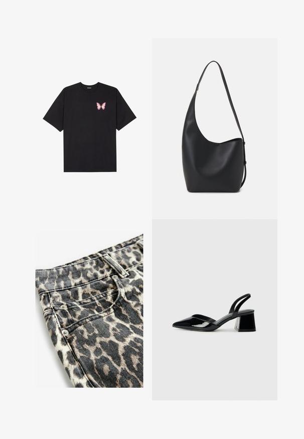 Must muströöpidega must puuvillane T-särk, vasakul rinnal on väike roosa liblikas. Ümar kaelus ja vabalt istuv lõige.; Ahnate mustriga teksad, millel on beež ja must muster, valmistatud tekstuurse viimistlusega denimist, hõbedaste detailide ja õmblustega.; Mustad musta lakknahk kingad, millel on terav varvas ja geomeetriline plokkkonts. Omab elegantselt minimalistlikku disaini ja sujuvat tekstuuri.; Mustast nahast hobo kott, millel on sile tekstuur, kumer kuju ja üks reguleeritav rihm; peal on lai avaus.