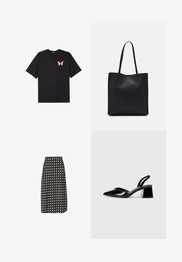 T-shirt nera in cotone con maniche corte, caratterizzata da una piccola grafica di una farfalla rosa sul lato sinistro del petto. Design a girocollo con una vestibilità rilassata.; Gonna midi nera con pois bianchi, realizzata in un tessuto liscio. Presenta una vita aderente e una leggera apertura laterale per facilitare i movimenti.; Décolleté in vernice nera con punta affusolata e tacco in geometria cubica. Presentano un design elegante e minimalista, con una texture liscia.; Borsa tote in pelle nera con texture liscia, forma rettangolare e due manici lunghi. Nessun hardware o decorazione visibile.
