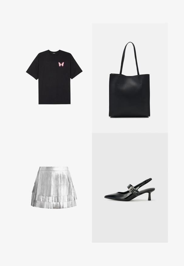 T-shirt en coton noir à manches courtes, avec un petit graphique de papillon rose sur la poitrine gauche. Modèle à col rond avec une coupe décontractée.; Mini jupe à franges argentées en matériau métallique, avec plusieurs bandes de franges superposées, une taille ajustée et une finition scintillante.; Escarpins slingback en cuir verni noir avec un bout pointu et un petit talon bloc, mettant en avant un accent en boucle argentée sur la sangle.; Sac fourre-tout en cuir noir avec une texture lisse, de forme rectangulaire et deux longues poignées. Pas de matériel ou d'ornementations visibles.