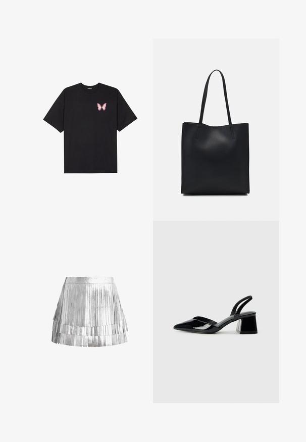 Fekete pamut póló rövid ujjakkal, bal mellkason egy kis rózsaszín pillangó grafikával. Kerek nyakú kialakítás, laza fazonnal.; Fémes anyagból készült ezüst frufrus mini szoknya, több rétegű frufru csíkokkal, illeszkedő derékkal és csillogó felülettel.; Fekete lakk bőr szandálkés magas sarkú cipő, hegyes orral és geometrikus tömbsarkakkal. Karcsú, minimalista dizájn és sima textúra jellemzi.; Fekete bőrtáska sima felszínnel, téglalap alakú, két hosszú füllel. Nincs látható fémkiegészítő vagy díszítés.