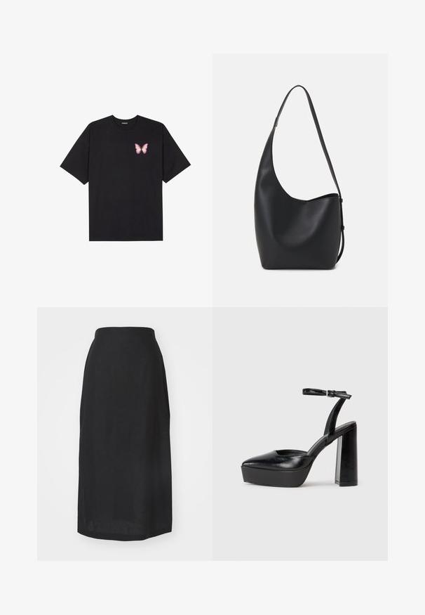 Black cotton t-shirt with short sleeves, featuring a small pink butterfly graphic on the left chest. Crew neck design with a relaxed fit.; Black linen midi skirt with a high waist, smooth texture, straight cut, and a hem that sits below the knee. No visible seams or patterns.; Black platform heels with a pointed toe and adjustable ankle strap. Constructed from smooth leather, featuring a chunky block heel.; Black leather hobo bag with a smooth texture, curved shape, and single adjustable strap; features a wide opening at the top.
