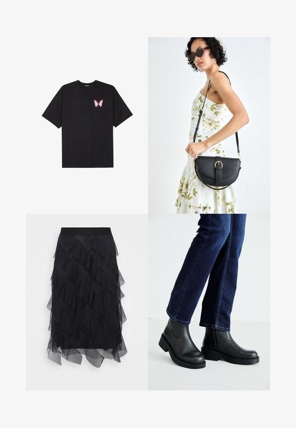 Fekete pamut póló rövid ujjakkal, bal mellkason egy kis rózsaszín pillangó grafikával. Kerek nyakú kialakítás, laza fazonnal.; Fekete tüll szoknya réteges fodrokkal, rugalmas derékkal és áramló szilhuettel. A áttetsző textúra könnyedséget és mozgást biztosít.; Fekete bőr bokacsizma vastag talppal és oldalán elnyújtott elasztikus betétekkel, sötétkék farmerral párosítva. A talaj világos színű.; Fekete bőrtáska ívelt formával, levehető pánttal és arany színű fémrészekkel. A táskán egy csattal díszített fedél található.