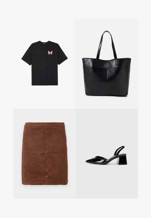 Fekete pamut póló rövid ujjakkal, bal mellkason egy kis rózsaszín pillangó grafikával. Kerek nyakú kialakítás, laza fazonnal.; Barna velúr mini szoknya sima textúrával, testhez álló fazonnal és finoman steppelt varrásokkal a részletekért.; Fekete lakk bőr szandálkés magas sarkú cipő, hegyes orral és geometrikus tömbsarkakkal. Karcsú, minimalista dizájn és sima textúra jellemzi.; Fekete bőr bevásárlótáska két hosszú fogantyúval, sima felülettel és strukturált formával. Elülső zseb található rajta a plusz tárolás érdekében.