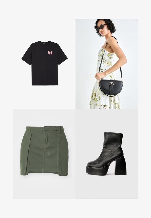 Černé bavlněné tričko s krátkým rukávem, na levém prsou s malou grafikou růžové motýlky. Design s kruhovým výstřihem a volným střihem.; Khaki zelená džínsová sukně se přiléhavým střihem, předními záhyby a čistým lemem. Obsahuje poutka na opasek a dvě boční kapsy.; Černé kožené kotníkové boty s kulatou špičkou, hladkým povrchem a výrazným blokovým podpatkem. Obsahují boční zip. Minimalistický design.; Černá kožená kabelka s křivkovým tvarem, odnímatelným popruhem a zlatými detaily. Kabelka má klopu s přezkou.