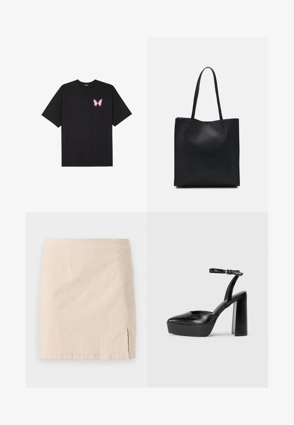 T-shirt en coton noir à manches courtes, avec un petit graphique de papillon rose sur la poitrine gauche. Modèle à col rond avec une coupe décontractée.; Jupe mini en velours côtelé beige avec une texture à côtes verticales, dotée d'une fente sur le côté pour un détail supplémentaire. L'ourlet est droit et cousu de manière uniforme.; Escarpins noirs à plateforme avec un bout pointu et une sangle réglable à la cheville. Conçus en cuir lisse, avec un large talon bloc.; Sac fourre-tout en cuir noir avec une texture lisse, de forme rectangulaire et deux longues poignées. Pas de matériel ou d'ornementations visibles.