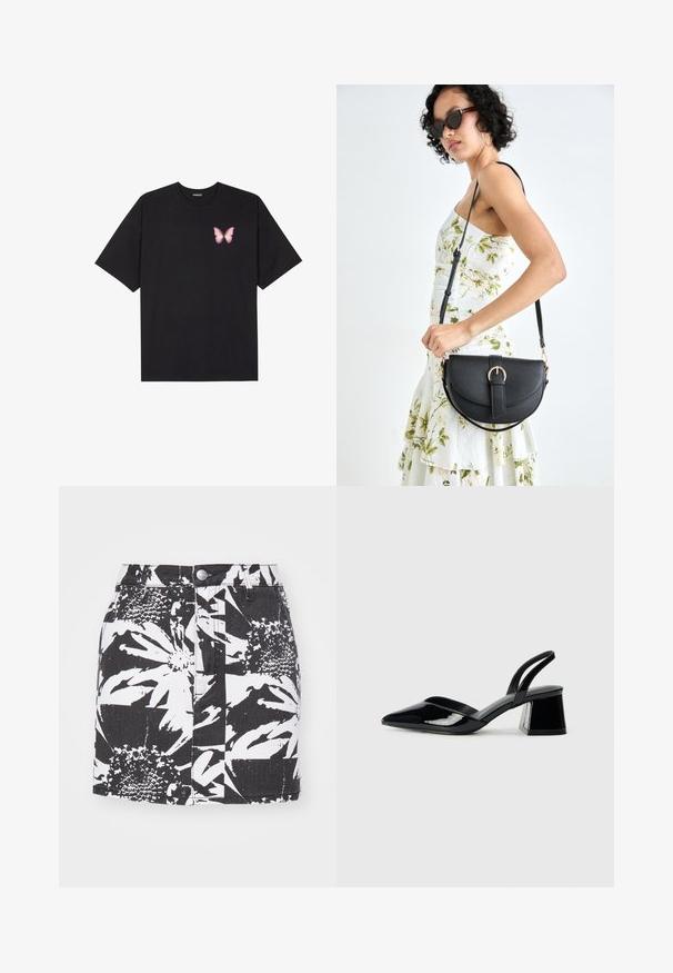 Juodas medvilnės marškinėliai trumpomis rankovėmis, su maža rožine drugelio grafika kairėje krūtinės pusėje. Apvalus kaklo iškirpimas, laisvas kirpimas.; Juodas džinsinis sijonas su ryškiu baltu gėlių raštu, struktūrinė forma, priekiniu mygtukų uždarymu ir tekstūriniu audiniu su matomomis siūlėmis.; Juodos lakuotos odinės šlepetės su smailiu pirštu ir geometriniu bloko kulnu. Turi elegantišką, minimalistinį dizainą ir lygų paviršių.; Juodas odinis krepšys su išlenkta forma, nuimamu dirželiu ir auksiniais detalėmis. Krepšys turi kilpą su sagtimi.