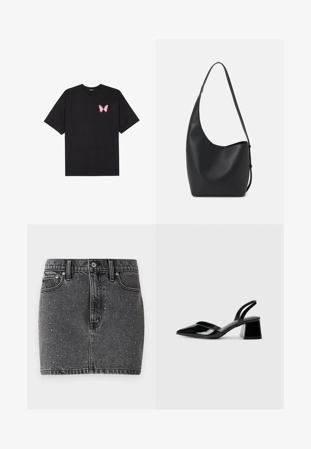 Svart bomulls T-skjorte med korte ermer, med en liten rosa sommerfugl grafikk på venstre bryst. Crew-neck design med en avslappet passform.; Mørk grå denimskjørt med sølvnagledekorasjoner. Har en tettsittende fasong, klassisk fem-lomme-design og beltehull.; Svarte patentlær slingback hæler med spiss tå og geometrisk blokk hæl. Har et stilrent, minimalistisk design og jevn tekstur.; Svart lær hobo-veske med glatt tekstur, buet form og enkelt justerbart stropp; har en bred åpning på toppen.