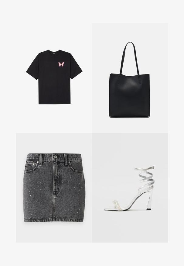 Tricou negru din bumbac cu mâneci scurte, având pe partea stângă a pieptului un mic grafic cu un fluture roz. Design cu guler rotund și croială lejeră.; Fustă din denim de culoare gri închis, cu aplicații din tinte argintii. Dispune de o formă ajustată, design clasic cu cinci buzunare și bucle pentru curea.; Sandale argintii cu toc înalt, cu un design strălucitor al baretei, având un accent asemănător unei perle și o curea spiralată pentru prindere sigură.; Geantă tote neagră din piele, cu textură netedă, formă rectangulară și două mânere lungi. Fără hardware vizibil sau ornamente.
