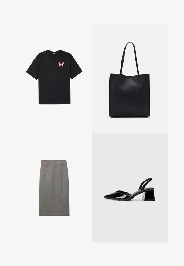 Camiseta de algodón negra de manga corta, con un pequeño gráfico de mariposa rosa en el lado izquierdo del pecho. Diseño de cuello redondo con un corte relajado.; Falda de lápiz gris con una silueta recta, costuras ajustadas y una textura suave. El diseño incluye una cintura alta para un ajuste seguro.; Zapatos de tacón slingback de charol negro con punta afilada y tacón geométrico en bloque. Presentan un diseño elegante y minimalista, así como una textura suave.; Bolso tote de cuero negro con textura lisa, forma rectangular y dos asas largas. Sin herrajes ni adornos visibles.