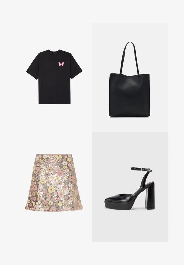 Juodas medvilnės marškinėliai trumpomis rankovėmis, su maža rožine drugelio grafika kairėje krūtinės pusėje. Apvalus kaklo iškirpimas, laisvas kirpimas.; Gėlių blizgučių sijonas su plačiu siluetu. Spalvos: rožinė, geltona, smėlinė ir pilka, su tekstūruota, blizgančia paviršiumi.; Juodi platforminiai aukšti kulniukai su smailiu kojų pirštu ir reguliuojamu kulkšnies dirželiu. Pagaminti iš lygaus odos, turi masyvų blokinį kulną.; Juodas odinis tote krepšys su lygia tekstūra, stačiakampio formos ir dviem ilgais rankenomis. Matomų metalinių detalių ar puošybos nėra.