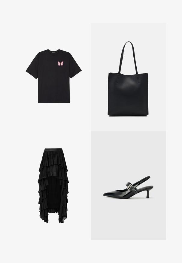 Zwarte katoenen t-shirt met korte mouwen, voorzien van een kleine roze vlinder graphic op de linkerkant van de borst. Crew neck ontwerp met een relaxte fit.; Zwarte tiered maxi jurk met een gerimpeld ontwerp, gemaakt van een lichte stof, met een brede tailleband en een asymmetrische zoom.; Zwarte gepatineerde leren slingback hakken met een puntige neus en een kleine blokhak, met een zilveren gespaccent op de band.; Zwarte leren handtas met een gladde textuur, rechthoekige vorm en twee lange handvaten. Geen zichtbare hardware of versieringen.