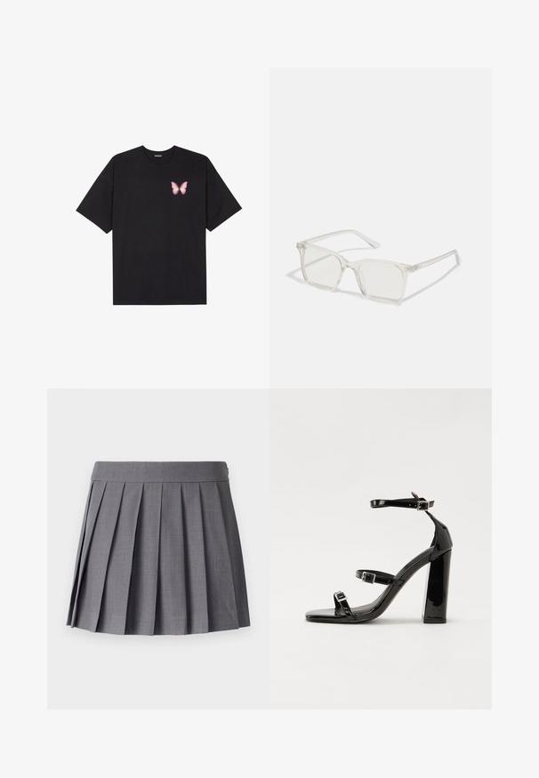 Čierne bavlnené tričko s krátkymi rukávmi, s malým ružovým motýlikom na ľavej hrudi. Design s okrúhlym výstrihom a uvoľneným strihom.; SOMETHINGNEW SNMEGAN MINI - Skladaná sukňa - harbor mist; Čierne lakované sandále na podpätku so štvorcovou špičkou, navlečenými remienkami okolo členku a striebornými prackami. Disponujú masívnym blokovým podpätkom pre stabilitu.; Priehľadné plastové okuliare s námestovými rámami a priehľadnými šošovkami, s kultivovanými zlatými akcentmi na spánkoch pre zvýraznenie detailov.