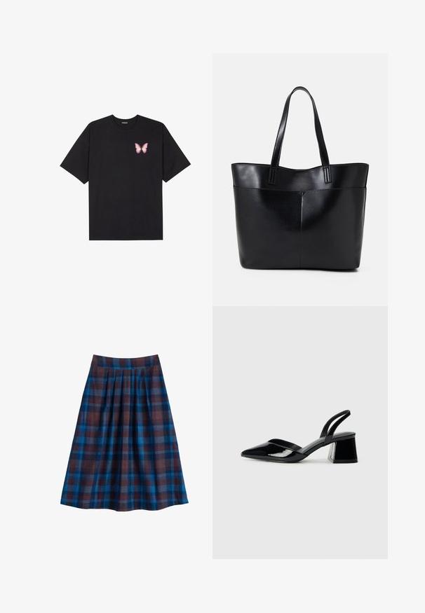 Fekete pamut póló rövid ujjakkal, bal mellkason egy kis rózsaszín pillangó grafikával. Kerek nyakú kialakítás, laza fazonnal.; Kék és barna kockás pliszírozott szoknya magas derékkal, térd alá érő, fehér háttéren kifeszítve bemutatva.; Fekete lakk bőr szandálkés magas sarkú cipő, hegyes orral és geometrikus tömbsarkakkal. Karcsú, minimalista dizájn és sima textúra jellemzi.; Fekete bőr bevásárlótáska két hosszú fogantyúval, sima felülettel és strukturált formával. Elülső zseb található rajta a plusz tárolás érdekében.