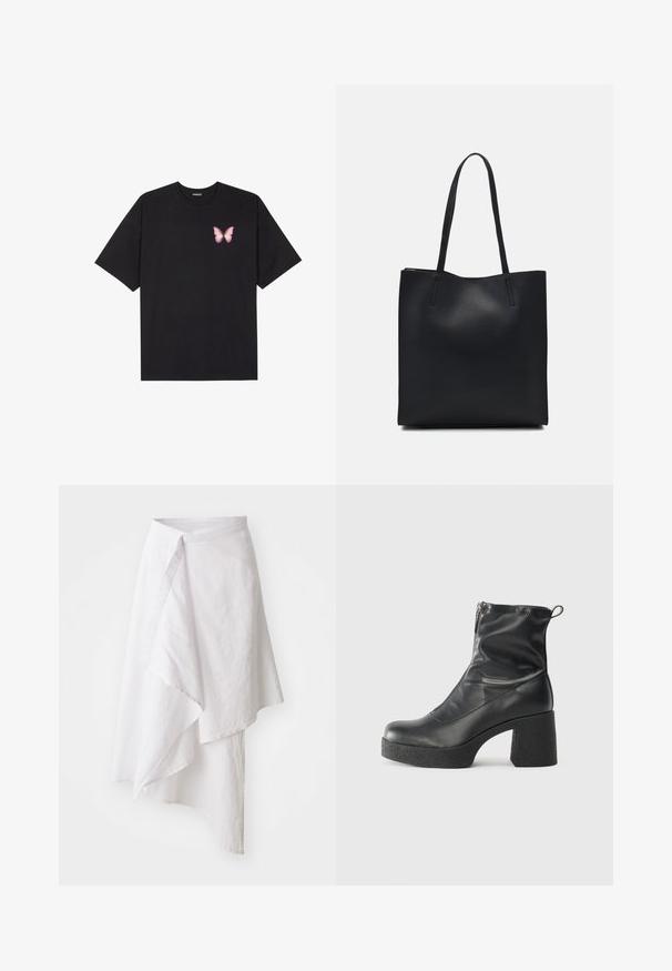 Schwarzes Baumwoll-T-Shirt mit kurzen Ärmeln, das ein kleines pinkes Schmetterlingsmotiv auf der linken Brust zeigt. Crewneck-Design mit einem entspannten Schnitt.; Weißer Wickelrock aus leichtem Material, mit asymmetrischem Saum, glatter Textur und einem einfachen, minimalistischen Design.; Schwarze Stiefeletten aus glattem Leder mit seitlichem Reißverschluss, klobigem strukturiertem Absatz und runder Zehenform.; Schwarze Laptoptasche aus Leder mit glatter Textur, rechteckiger Form und zwei langen Griffen. Keine sichtbaren Beschläge oder Verzierungen.