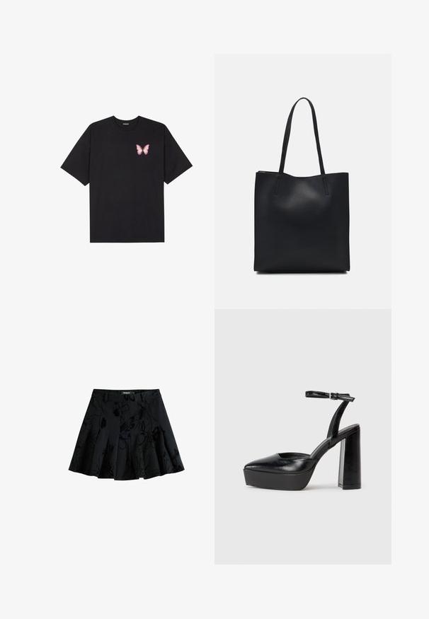 Tricou negru din bumbac cu mâneci scurte, având pe partea stângă a pieptului un mic grafic cu un fluture roz. Design cu guler rotund și croială lejeră.; Fustă plisată neagră cu un model floral, realizată dintr-un material texturat. Dispune de un talie și un închizător cu fermoar ascuns.; Pantofi cu toc platformă negri, cu vârful ascuțit și curea reglabilă la gleznă. Confecționați din piele netedă, având un toc gros.; Geantă tote neagră din piele, cu textură netedă, formă rectangulară și două mânere lungi. Fără hardware vizibil sau ornamente.