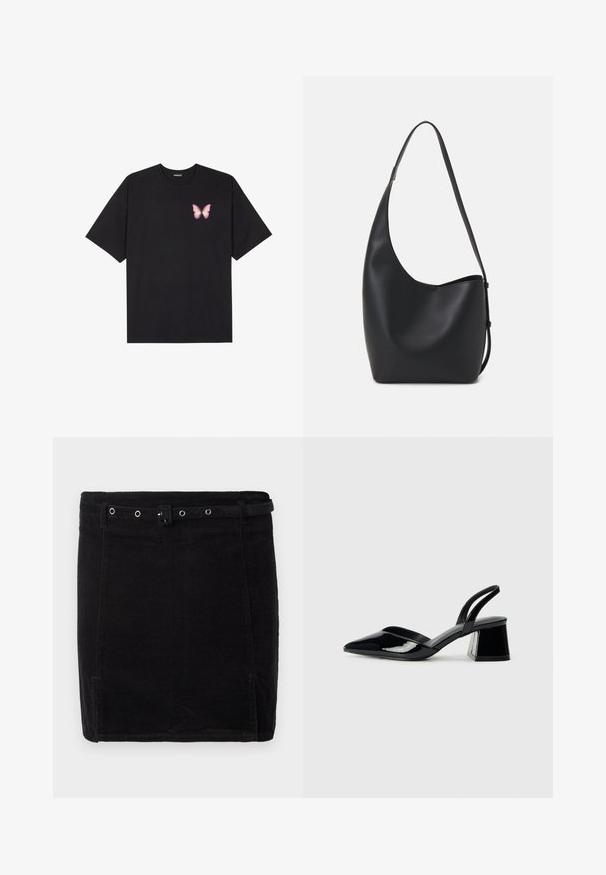Svart bomullströja med korta ärmar, med en liten rosa fjärilsgrafik på vänster bröst. Rundad halsdesign med en avslappnad passform.; Svart kordflöjlskjol med en åtsittande design, som har ett bälte, silverdetaljer och subtil vertikal ribbstruktur.; Svarta lackläder slingback klackar med spetsig tå och geometrisk klack. Har en elegant, minimalistisk design och slät yta.; Svart läder hobo-väska med en slät textur, kurvig form och en justerbar axelrem; har en bred öppning upptill.