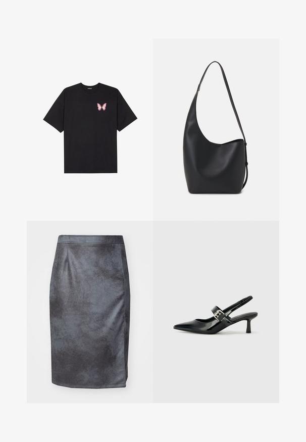 Tricou negru din bumbac cu mâneci scurte, având pe partea stângă a pieptului un mic grafic cu un fluture roz. Design cu guler rotund și croială lejeră.; Fustă tip creion din piele sintetică gri, cu o textură netedă, talie înaltă și detaliu cu fante pe partea stângă. Fără închideri sau modele vizibile.; Sandale cu toc din piele patent neagră, cu vârful ascuțit și un toc mic bloc, având un accent cu cataramă argintie pe curea.; Geantă hobo din piele neagră, cu o textură netedă, formă curbată și un singur bretele ajustabil; are o deschidere largă în partea de sus.