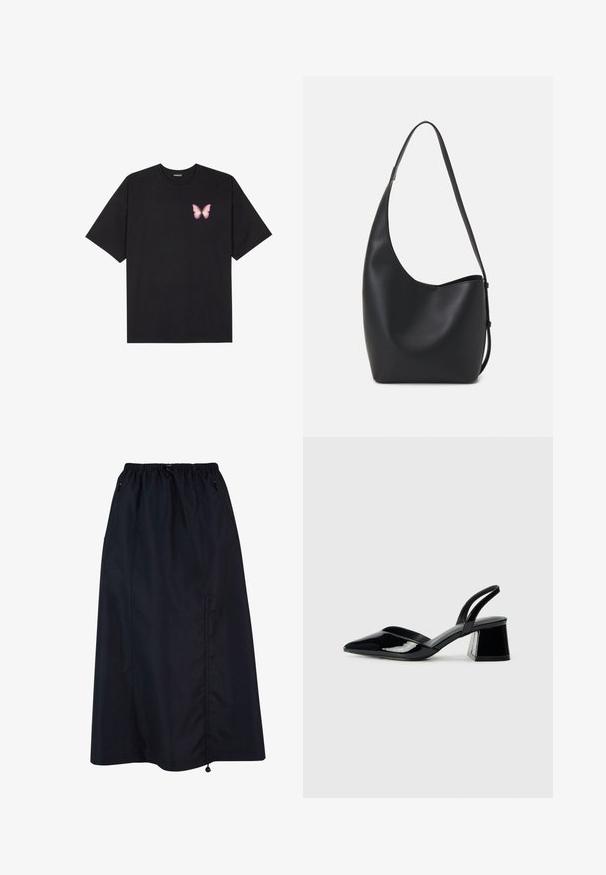 Musta puuvillapaita lyhyillä hihoilla, jossa on pieni vaaleanpunainen perhosgrafiikka vasemmassa rinnassa. Pyöreä kaula-aukko ja rento istuvuus.; Musta, polveen saakka ulottuva hame, joka on valmistettu kevyestä materiaalista. Hameessa on joustava vyötärö, sivutaskut ja kiristysnyörit säätömahdollisuuksia varten.; Mustat patentoitu nahkakengät, joissa on säären takaosa ja terävä kärki, sekä geometrinen palikkakorko. Sisältää tyylikkään, minimalistisen muotoilun ja sileän pinnan.; Musta nahkainen hobo-laukku, jossa on sileä pinta, kaareva muoto ja yksi säädettävä olkahihna; sisäänkäynti on leveä ylhäältä.