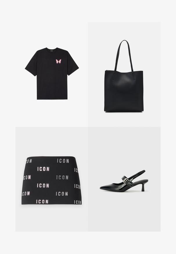 Čierne bavlnené tričko s krátkymi rukávmi, s malým ružovým motýlikom na ľavej hrudi. Design s okrúhlym výstrihom a uvoľneným strihom.; Čierna mini sukňa s trblietavým textom "ICON" v opakujúcom sa vzore po celom materiáli, hladká textúra s priliehavým strihom.; Čierne patentové kožené sandále na podpätku so špicatou špičkou a malým blokovým podpätkom, s dekoratívnou striebornou sponou na remienku.; Čierna kožená taška na rameno s hladkým povrchom, obdĺžnikovým tvarom a dvoma dlhými uchami. Bez viditeľného kovania alebo ozdôb.