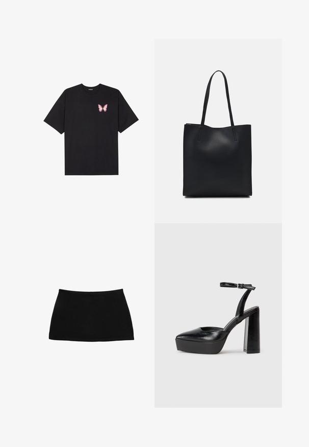 Svart bomullströja med korta ärmar, med en liten rosa fjärilsgrafik på vänster bröst. Rundad halsdesign med en avslappnad passform.; Svart bomullsminikjol med en figursydd midja. Slät textur, enkel design och rak fåll. Inga ytterligare mönster eller detaljer synliga.; Svarta plattformsskor med spetsig tå och justerbart vristband. Tillverkade av mjukt läder, med en kraftig blockklack.; Svart lädertoffelväska med slät textur, rektangulär form och två långa handtag. Ingen synlig hårdvara eller dekorationer.