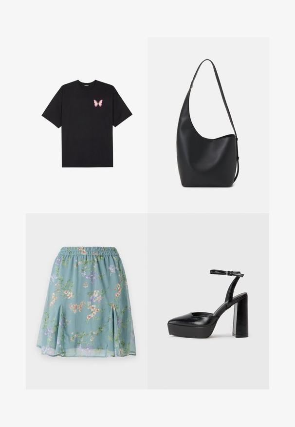 Musta puuvillapaita lyhyillä hihoilla, jossa on pieni vaaleanpunainen perhosgrafiikka vasemmassa rinnassa. Pyöreä kaula-aukko ja rento istuvuus.; Lentävä, vaaleansininen hame, jossa on kukkakuosi purppuran, oranssin ja vihreän sävyissä; joustava vyötärö; sivuaukot helmaosassa.; Mustat korkeat platform-kengät, joissa on terävä kärki ja säädettävä nilkkaremmi. Valmistettu sileästä nahasta ja varustettu paksulla lohkokorkeudella.; Musta nahkainen hobo-laukku, jossa on sileä pinta, kaareva muoto ja yksi säädettävä olkahihna; sisäänkäynti on leveä ylhäältä.