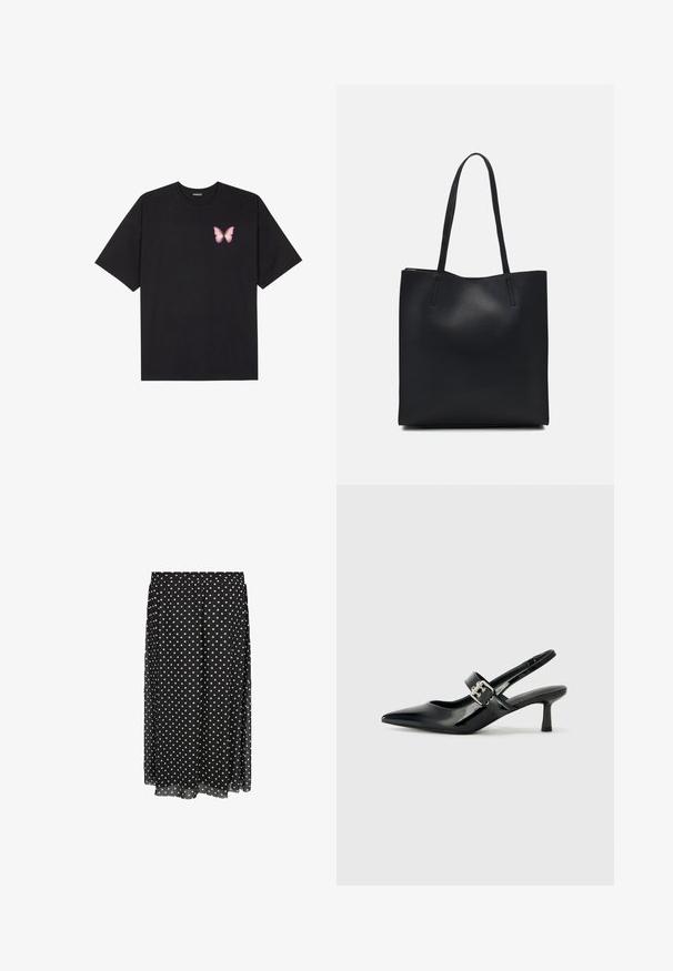 T-shirt en coton noir à manches courtes, avec un petit graphique de papillon rose sur la poitrine gauche. Modèle à col rond avec une coupe décontractée.; Jupe noire à pois fabriquée en tissu léger avec une taille élastique, ornée de pois blancs disposés de manière uniforme, bord inférieur ourlé.; Escarpins slingback en cuir verni noir avec un bout pointu et un petit talon bloc, mettant en avant un accent en boucle argentée sur la sangle.; Sac fourre-tout en cuir noir avec une texture lisse, de forme rectangulaire et deux longues poignées. Pas de matériel ou d'ornementations visibles.