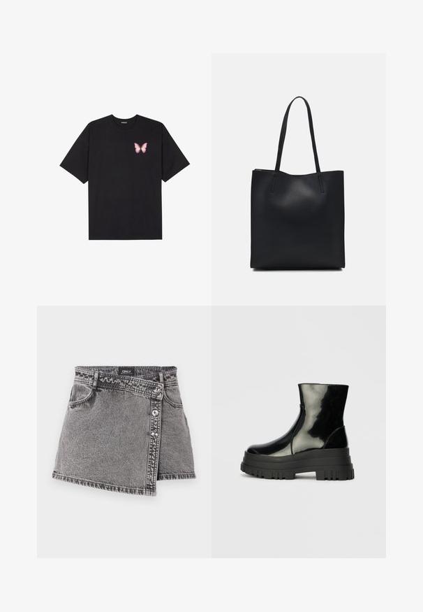 Svart bomulls T-skjorte med korte ermer, med en liten rosa sommerfugl grafikk på venstre bryst. Crew-neck design med en avslappet passform.; Grå denimminiskjørt med asymmetrisk snitt, med sølvfargede knappdetaljer og frontlomme. Glatt tekstur og uformell design.; Svart, blank ankelstøvel med tykk såle og rund tå, sett fra siden på en enkel, lys grå bakgrunn.; Svart lær tote bag med glatt tekstur, rektangulær form og to lange håndtak. Ingen synlige deler eller dekorasjoner.