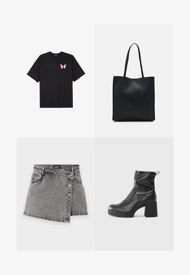 Camiseta de algodón negra de manga corta, con un pequeño gráfico de mariposa rosa en el lado izquierdo del pecho. Diseño de cuello redondo con un corte relajado.; Mini falda de mezclilla gris con un corte asimétrico, con detalles de botones plateados y un bolsillo frontal. Textura suave y diseño casual.; Botines negros de tobillo, hechos de cuero suave, con cierre lateral, tacón grueso texturizado y diseño de punta redondeada.; Bolso tote de cuero negro con textura lisa, forma rectangular y dos asas largas. Sin herrajes ni adornos visibles.