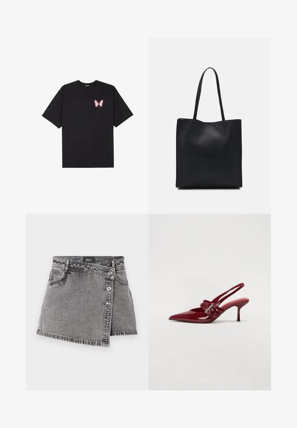 Crna pamučna majica s kratkim rukavima, s malim grafičkim prikazom ružičaste vjetricaste s desne strane na prsima. Dizajn s okruglim izrezom i opuštenim krojem.; Siva traper mini suknja s asimetričnim rezom, s prozirnim srebrnim dugmadima i detaljima prednje džepove. Glatka tekstura i ležerni dizajn.; Crvene patent kožne sandale s upetačom, oštrim vrhom, dva remena s kopčama i tankim, srednje visokim štiklama. Glatka tekstura.; Crna kožna torba za nošenje s glatkom teksturom, pravokutnim oblikom i dvije duge ručke. Nema vidljivih metalnih dijelova ili ukrasa.