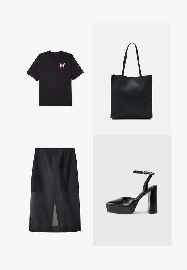 Črna bombažna majica s kratkimi rokavi, ki ima majhen roza metuljček na levi strani prsnega dela. Majica s krožnim ovratnikom in sproščenim krojem.; Črna midi krila z gladko teksturo, visokim pasom in sprednjim razporkom. Preprosta, neokrašena zasnova s pravimi linijami.; Črne platforme z visokimi petami in koničastim nosom ter nastavljivim gležnjenjskim trakom. Narejene iz gladke usnje, s kockasto peto.; Črna usnjena torba s svilnato teksturo, pravokotne oblike in dvema dolgima ročajema. Brez vidnih metalnih delov ali okrasnih elementov.