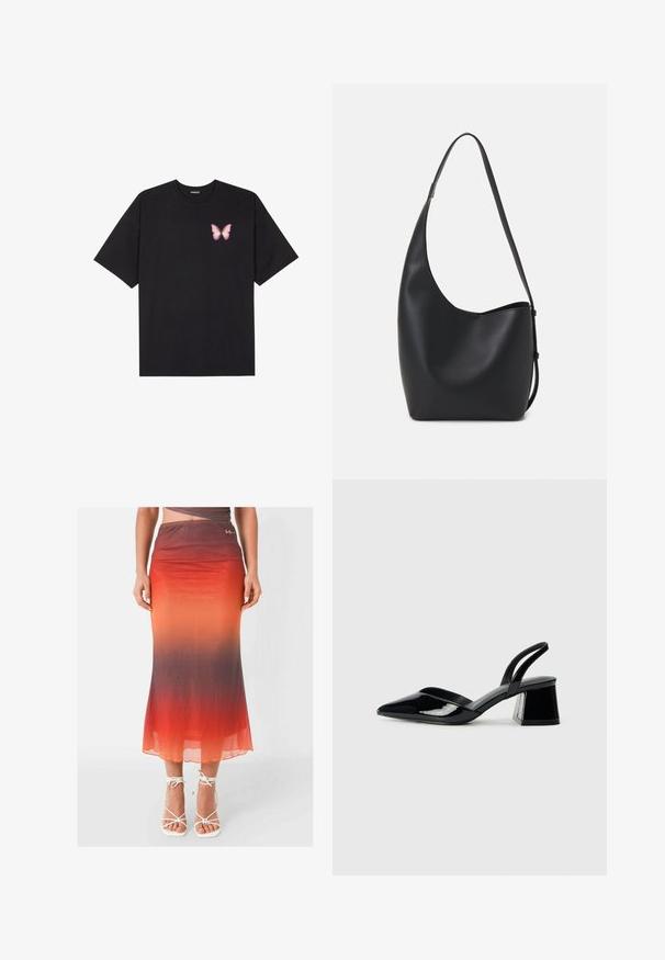 T-shirt nera in cotone con maniche corte, caratterizzata da una piccola grafica di una farfalla rosa sul lato sinistro del petto. Design a girocollo con una vestibilità rilassata.; Gonna lunga e aderente con un gradiente che va dall'arancione al rosso, realizzata in un tessuto leggero e trasparente. Decorata con un piccolo logo sulla cintura.; Décolleté in vernice nera con punta affusolata e tacco in geometria cubica. Presentano un design elegante e minimalista, con una texture liscia.; Borsa hobo nera in pelle con una superficie liscia, forma curvata e una singola tracolla regolabile; presenta un'ampia apertura nella parte superiore.