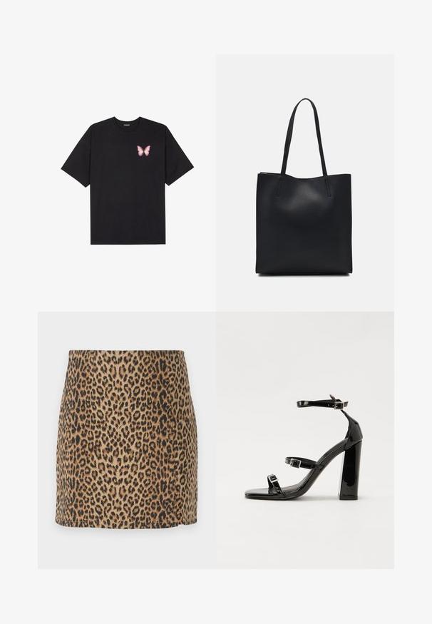 Musta puuvillapaita lyhyillä hihoilla, jossa on pieni vaaleanpunainen perhosgrafiikka vasemmassa rinnassa. Pyöreä kaula-aukko ja rento istuvuus.; Minihame leopardikuosi, jossa on tiukka malli, sileä pinta, vaaleanruskea tausta ja mustia pilkkuja. Helman viimeistelyt ovat siistit eikä koristeltuja.; Musta kiiltäväpintainen korkokengät, joissa on kaksi solkikiinnitystä, neliönmuotoinen kärki ja paksu korko, sileällä, kiiltävällä pintarakenteella.; Mustapahkainen kangaskassi, jossa on sileä pinta, suorakaiteen muotoinen ja kaksi pitkää kahvaa. Ei näkyvää metalliosaa tai koristeita.